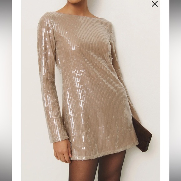 NWT Reformation Sereia Sequin Long Sleeve Champagne Sequin Minidress - Picture 1 of 12